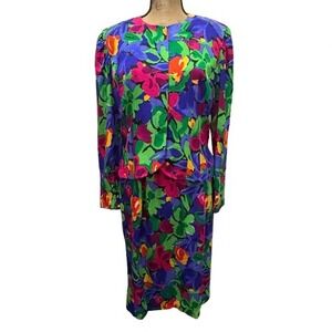 Adrianna Papell Vintage Floral‎ 100% Silk Skirt Suit Set Colorful Size 12